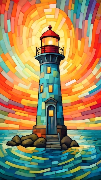 A colorful stained glass lighthouse