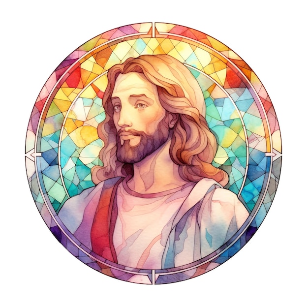 A colorful stained glass portrait of jesus with the face of jesus.