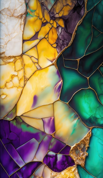 A colorful stained glass wallpaper with a gold leaf pattern.