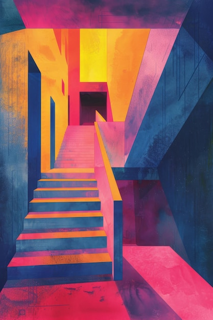 Photo a colorful stairwell with pink blue and yellow walls