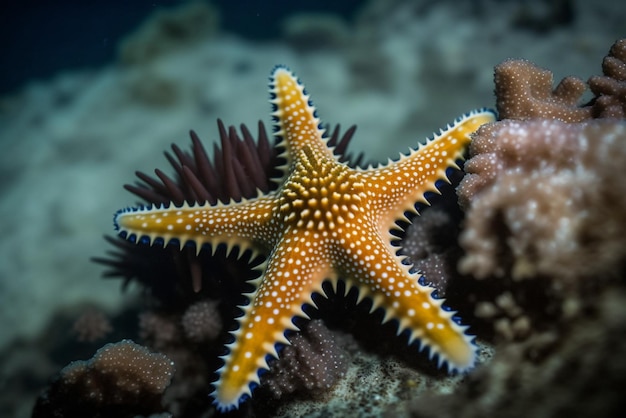 A colorful starfish in sea with a coral reef in the background