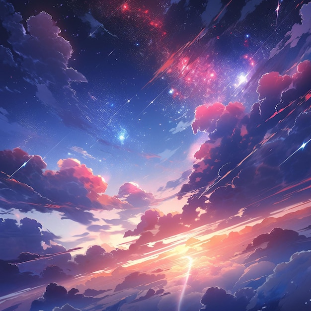 Colorful Starry Sky with Sunset Background in Anime Style Generative AI