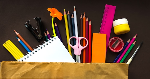 Colorful stationary school supplies in paper bag on brown background, space or text flat lay.