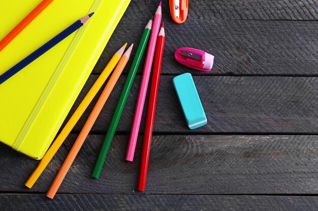 Colorful stationery on wooden table closeup