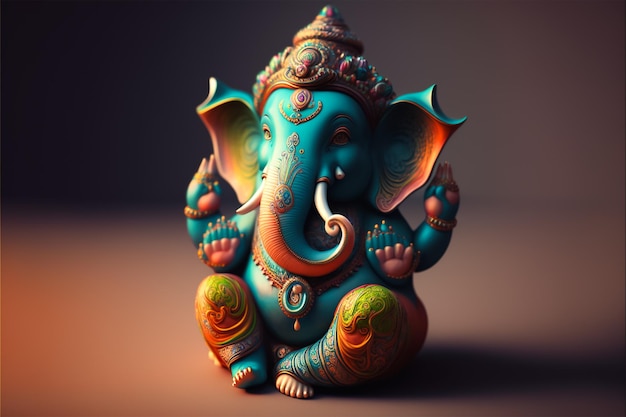 A colorful statue of a blue elephant with the word buddha on it.