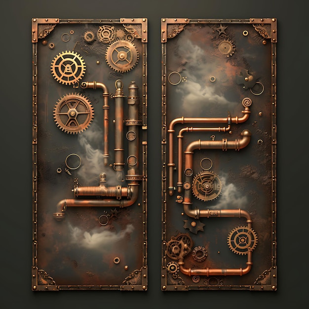 Foto colorful steampunk machinery display panel design con ingranaggi in ottone un'illustrazione articolo di tendenza