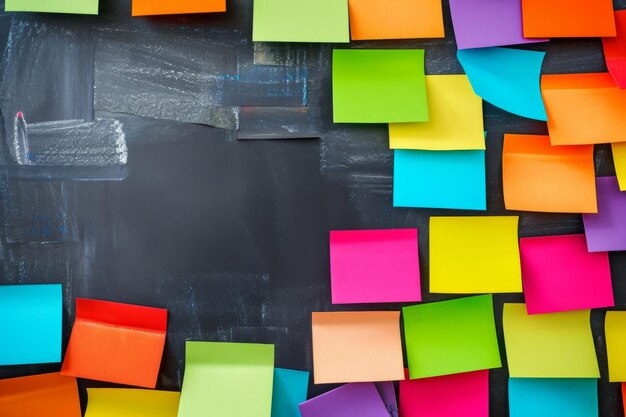 Photo colorful sticky notes arranged on chalkboard in vibrant display