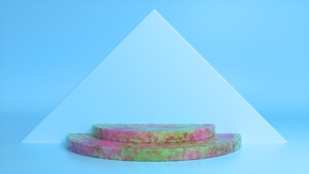 青い抽象的な三角形の背景にカラフルな石の表彰台プレミアム写真