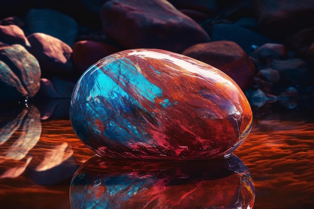 A colorful stone sits on a red surface with a red background and a blue and green background.