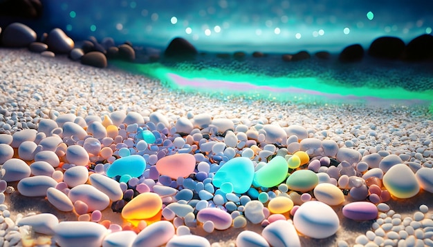 Colorful stones on the beach by the sea at sunset Selective focus