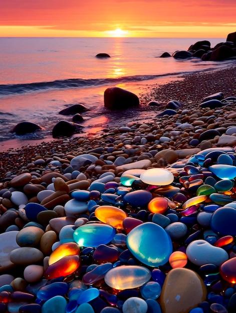 Photo colorful stones on the beach at sunset beautiful natural background