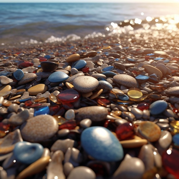 바다의 배경에 해변에 다채로운 돌