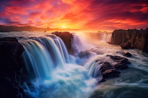 colorful stormy waterfall with magic