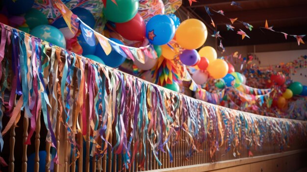 Colorful streamers and balloons decoration for a party