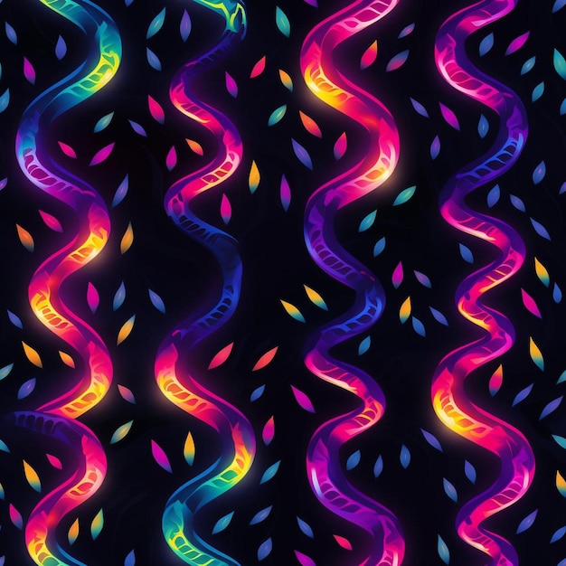 Colorful streamers on a black background with rainbows.