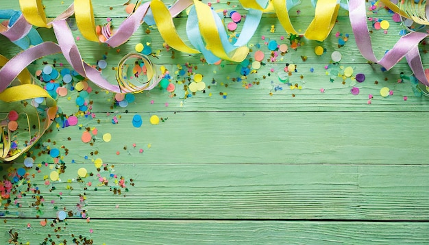Цветные ленты и конфеты на зеленом деревянном фоне Фон вечеринки Карнавал