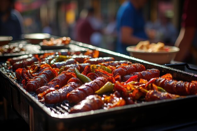 Colorful street party with hot dog strollers and various toppings generative IA