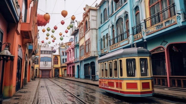 a colorful street scene with a trolley and the words " the city " on the side.