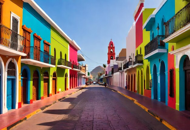 a colorful street with a building with a church in the background