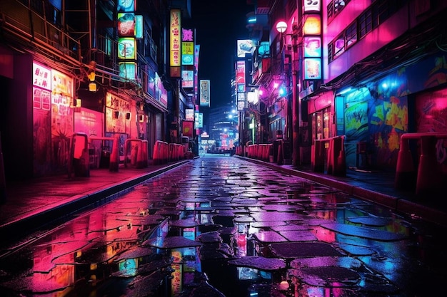 A colorful street with neon lights and signs in the background.