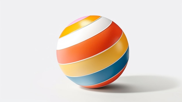A colorful striped ball sits on a white surface.