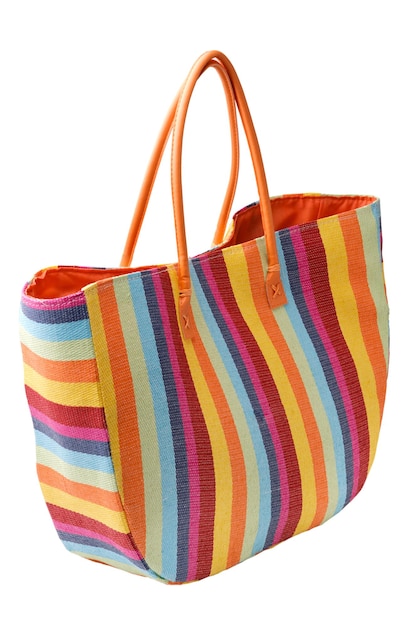 Photo colorful striped beach bag isolated on a white background