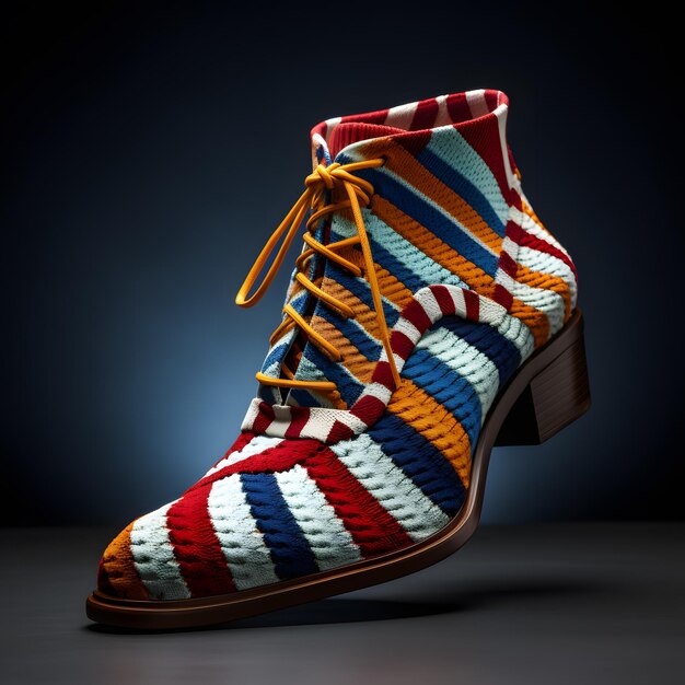 a colorful striped boot with a shoe lace