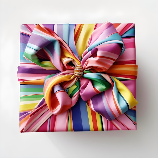 A colorful striped gift box with a bow on it.