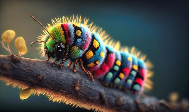 The colorful stripes on a caterpillar as it crawls along a twig