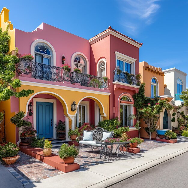 Colorful stucco traditional private townhouses residential architecture exterior