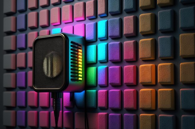 Colorful studio microphone gradient bricks wall background podcast Generative AI