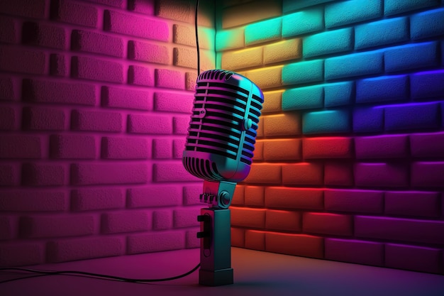 Colorful studio microphone gradient bricks wall background podcast Generative AI