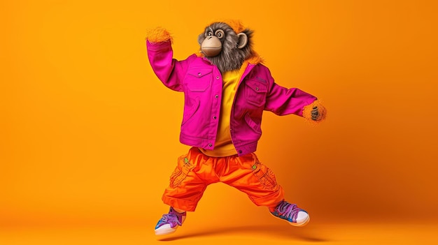 Photo a colorful stuffed animal stands on a yellow background