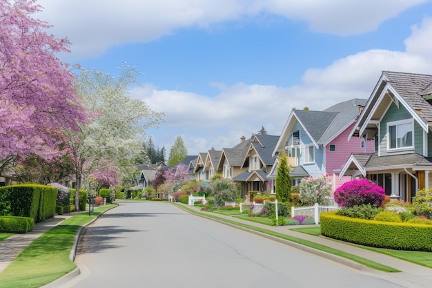 Красочная пригородная улица с цветущими деревьями и цветами