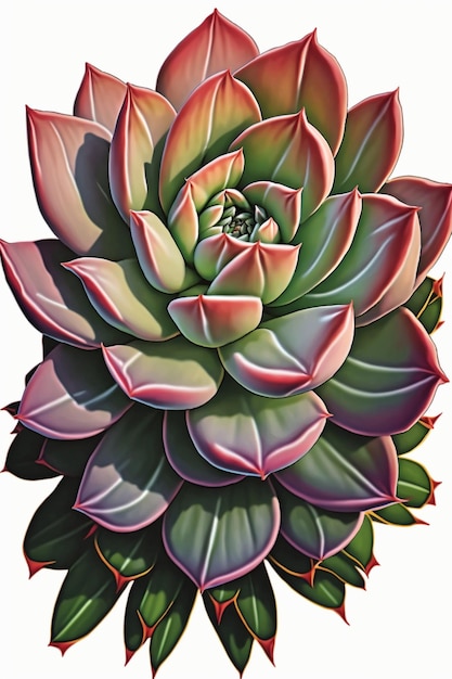 A colorful succulent with a white background.