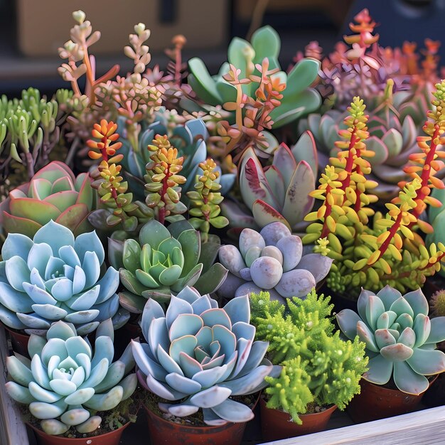 Photo colorful succulents in pots many beautiful flowers