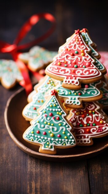 Colorful sugar cookies shaped like Christmas trees and reindeer