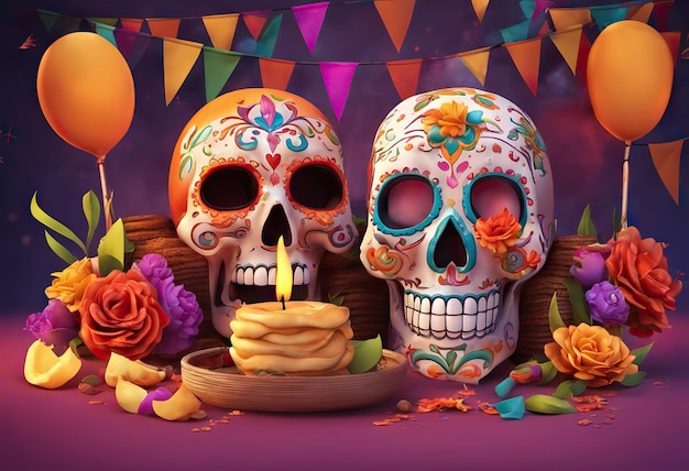 Colorful sugar skull on altar background for day of the dead decorated flowers and candles