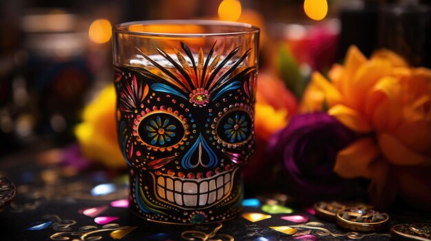 A colorful sugar skull glass sits on a table ai
