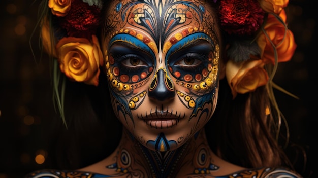Colorful sugar skull makeup and face paint Day of the Dead masks and costumes