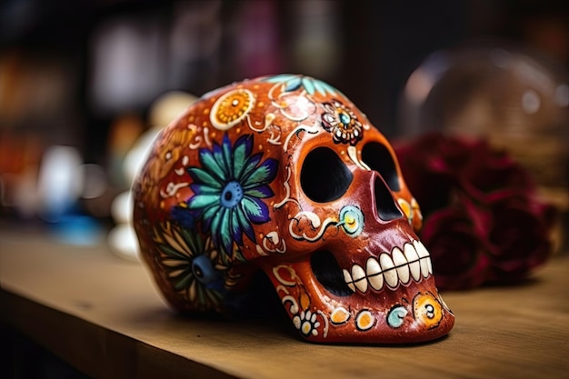 Красочный сахарный череп Мексиканский День Мертвых Генеративный AI