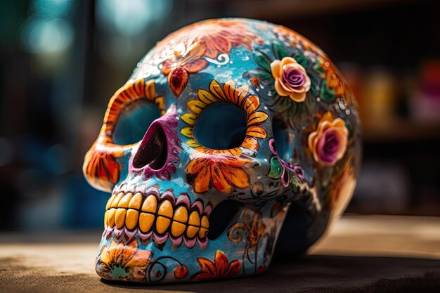 Красочный сахарный череп Мексиканский День Мертвых Генеративный AI