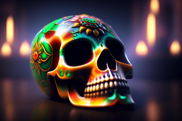 A colorful sugar skull with a black background