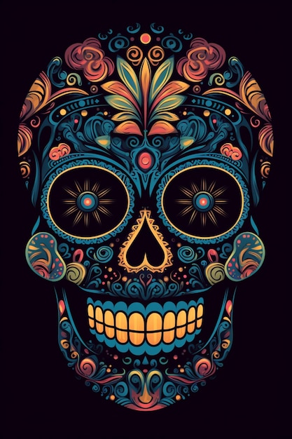 A colorful sugar skull with a black background.