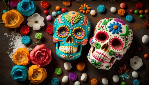 A colorful sugar skull with colorful flowers on it