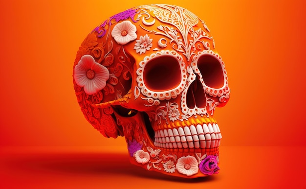 A colorful sugar skull with flowers on it