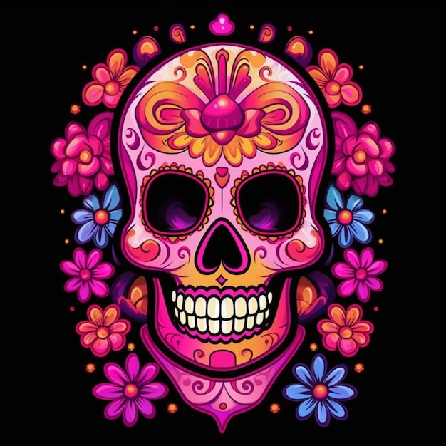 Colorful sugar skull with flowers and the word day of the dead.