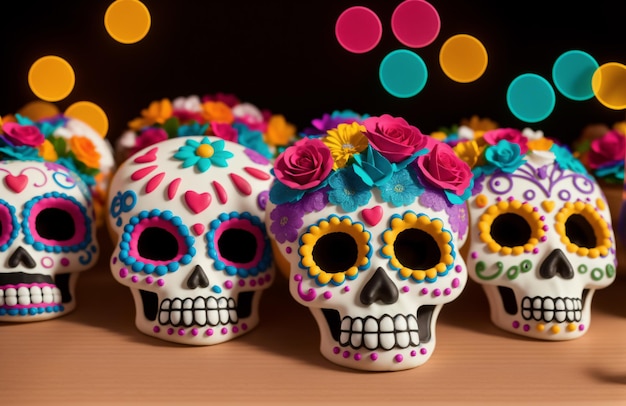 다채로운 설탕 두개골 죽은 사람의 날 Calavera Catrina 쿠키 Dia de los Muertos를 축하하기 위해