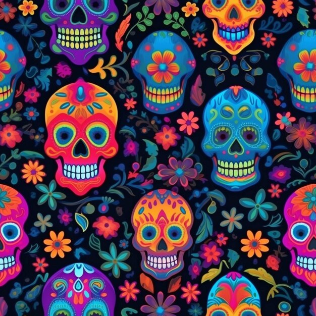 A colorful sugar skulls and flowers on a black background generative ai