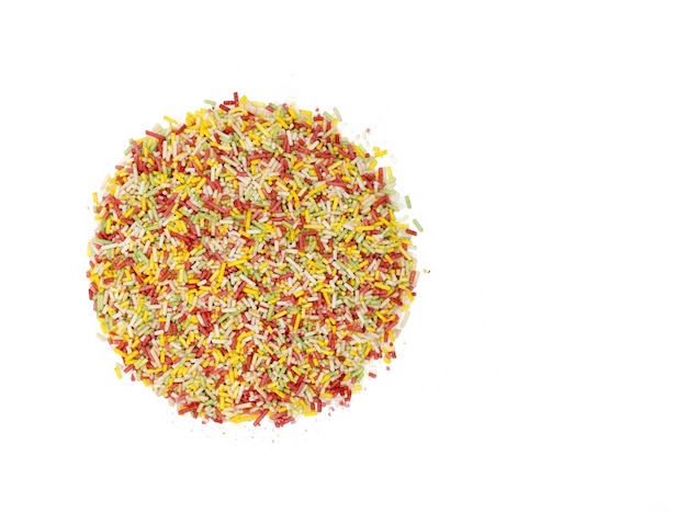 colorful sugar strands sprinkles on white background